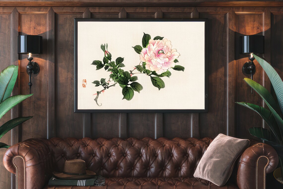 Pink Japanese Rose Watercolor with Green Leaves and Seal Poster - Image 3