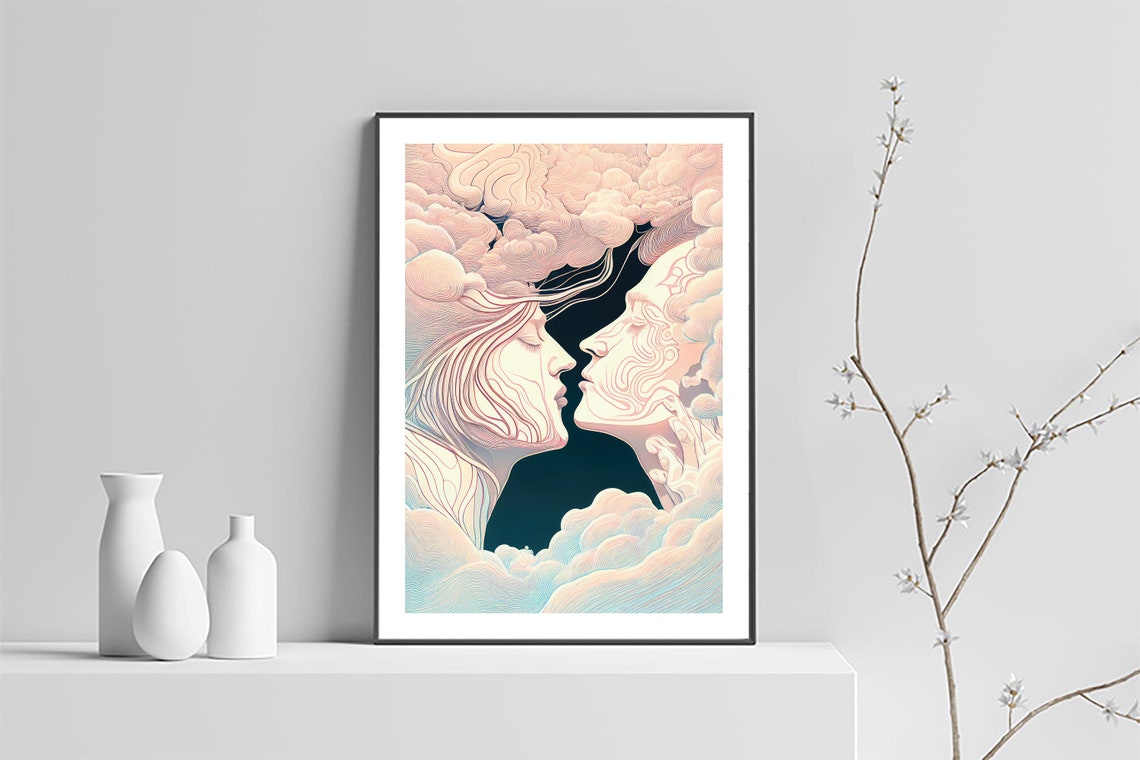 Two Faces Merging in Clouds Line Art Celestial Embrace Poster - Image 4