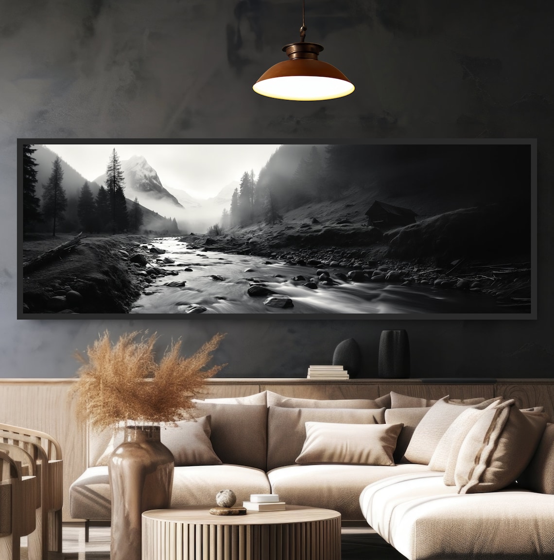 Bold Mountain River Black and White Landscape Print