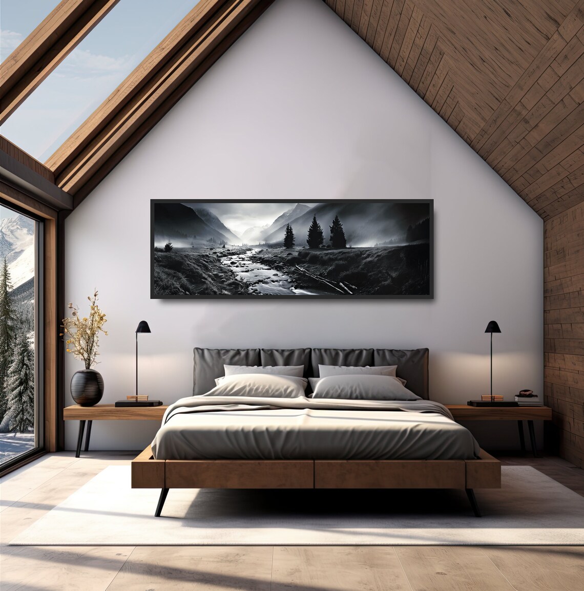 Silvery Stream Black White Nature Landscape Art Print - Image 4