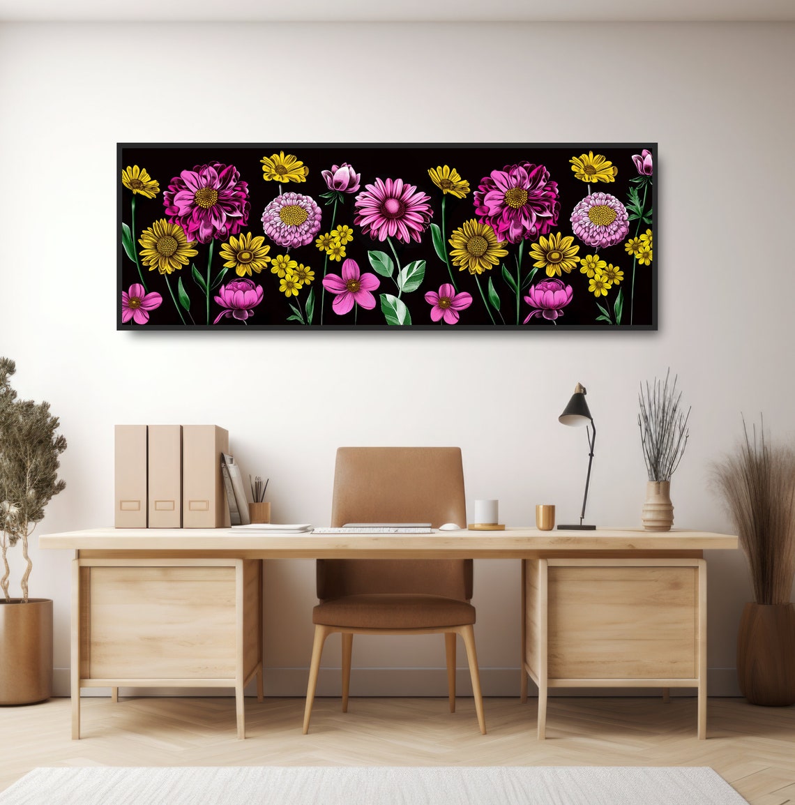 Pink Yellow Flowers Black Background Watercolor Floral Art Poster - Image 2