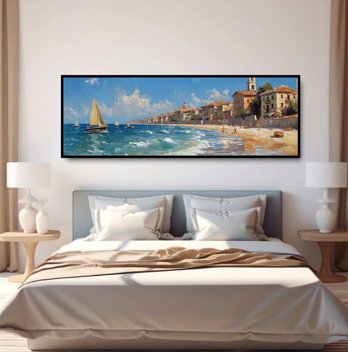 Seaside Village Sailboats Oil Painting Print Vintage Sailing Boats Wall Art Mediterranean French Riviera Seascape Blue Coastal Ocean Beach - Image 4