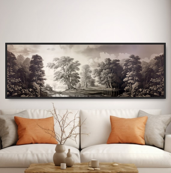 Black White Traditional Landscape Etching Vintage Panoramic Drawing Of Countryside Trees Pond Woods Neutral Farmhouse Decor Wall Art