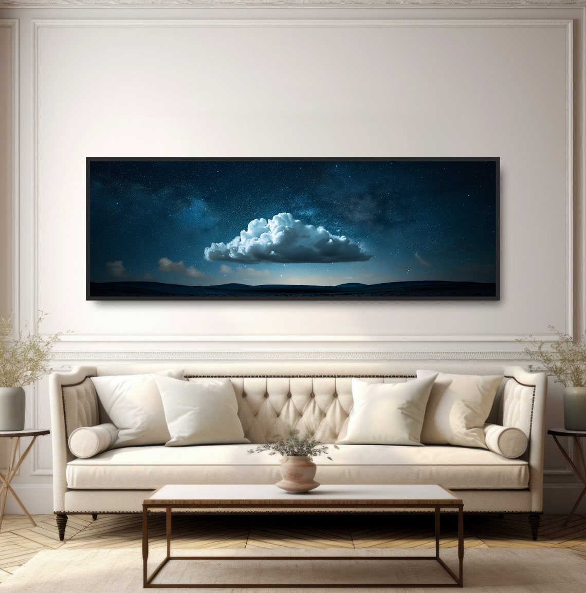 Lone Cloud Starry Night Sky Minimalist Dark Horizon Panoramic Poster - Image 5