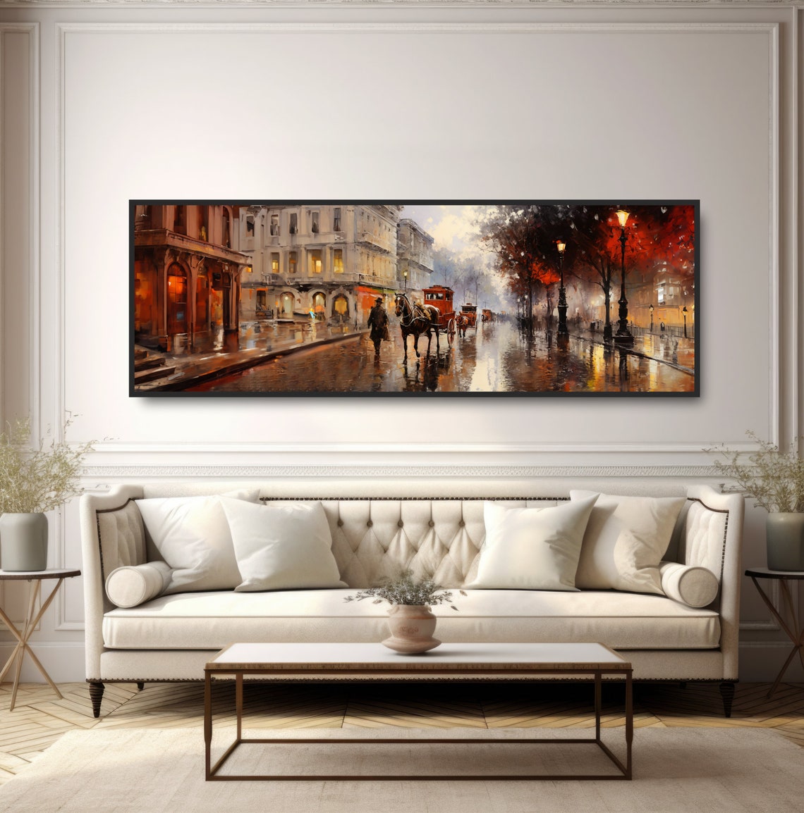 Horse And Carriage City Victorian Street Scene Traditional Classic Vintage Equine Oil Painting Print Wide Panoramic Brown Beige Cityscape - Image 5