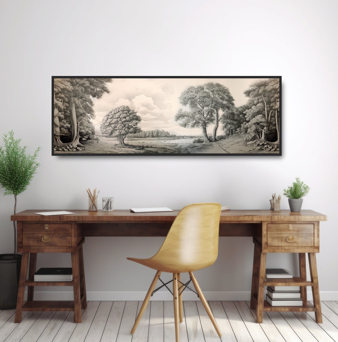 Forest Pond Vintage Etching Monochrome Trees Lake Sketch Print - Image 3