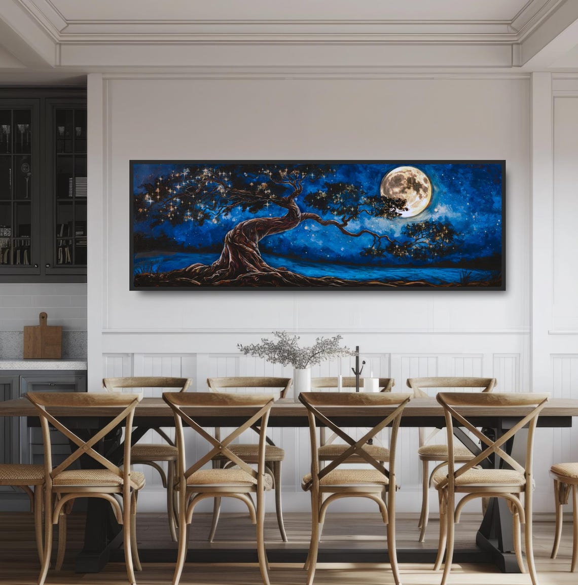 Twisted Tree Full Moon Night Painting Mystical Starry Sky Print - Image 3