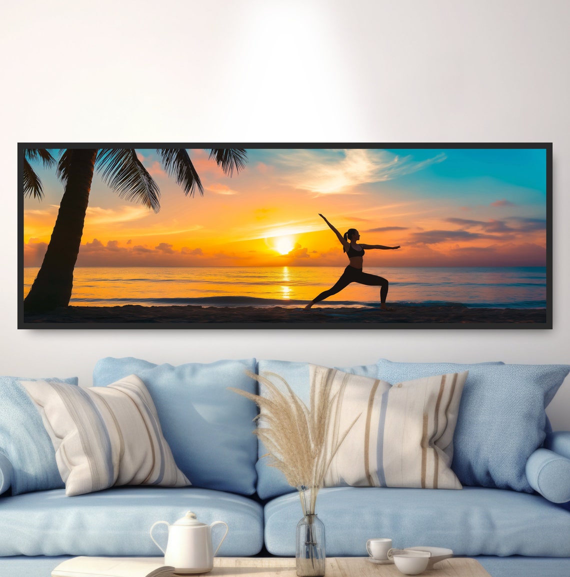 Golden Sunset Beach Yoga Warrior Pose Palm Tree Silhouette Poster