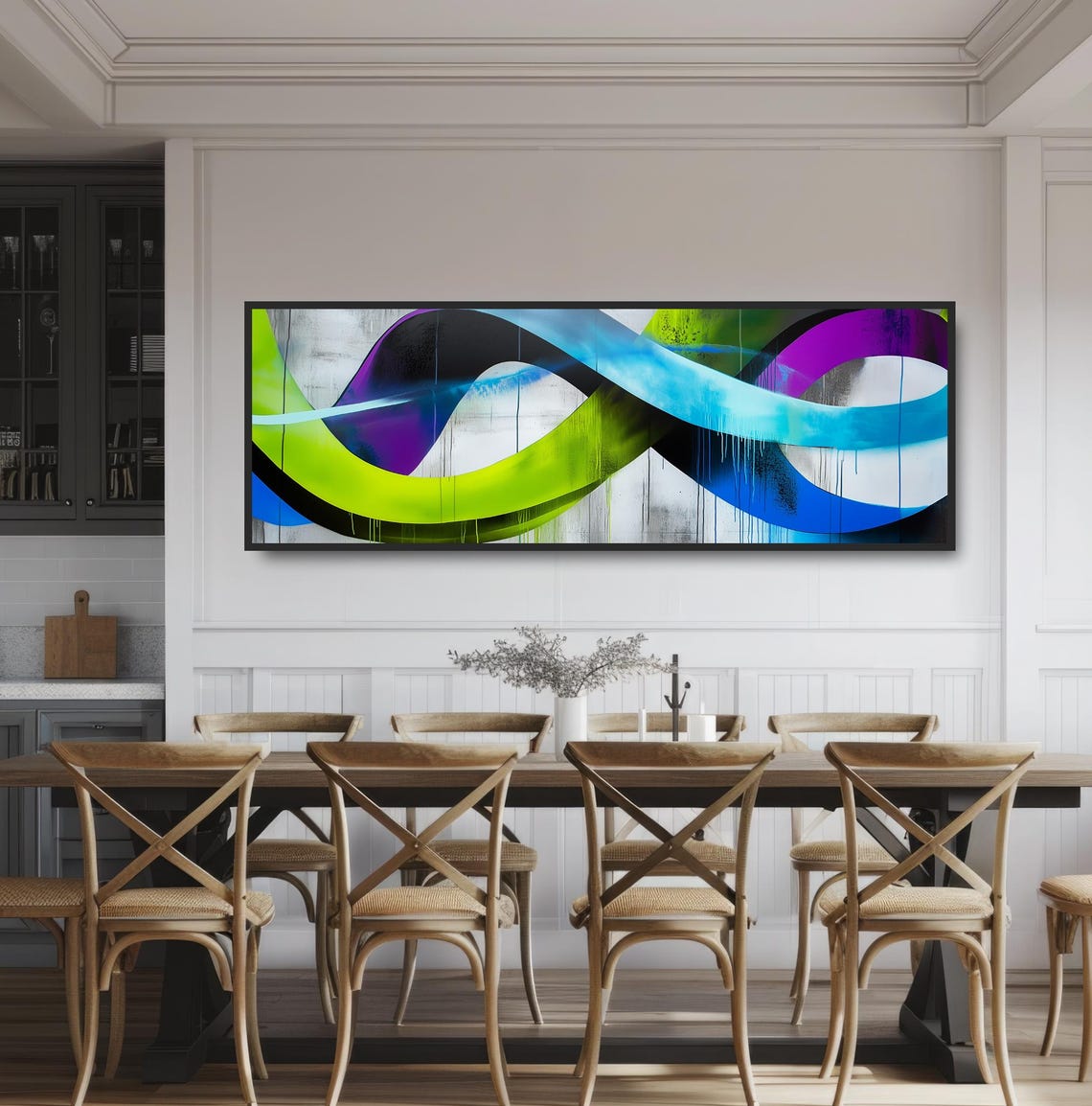 Panoramic Graffiti Waves Neon Green Blue Purple Dripping Paint Poster - Image 3