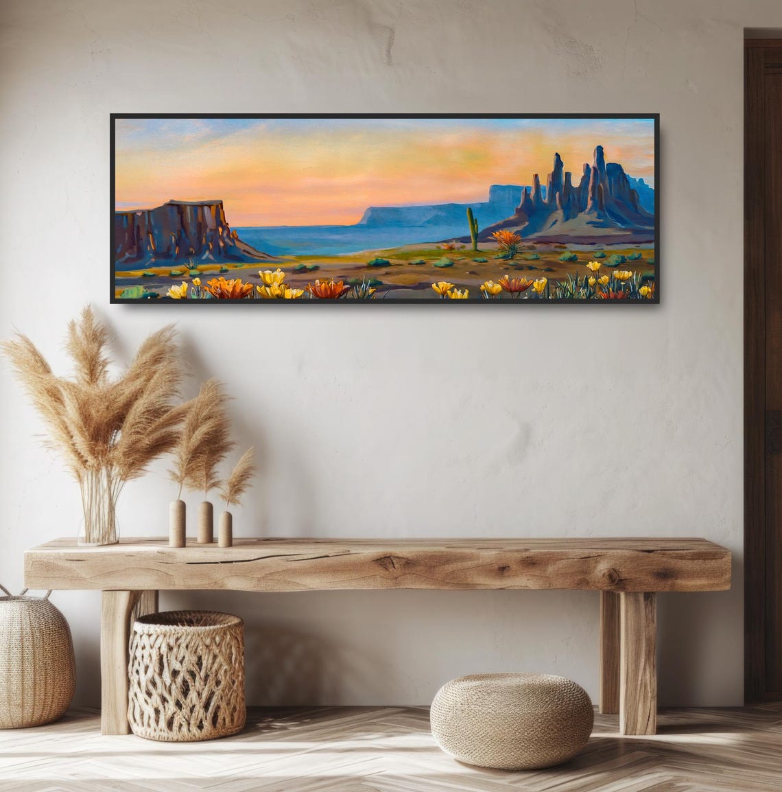 Desert Buttes Sunset Panoramic Painting Red Rock Mesas Wildflower Art - Image 2