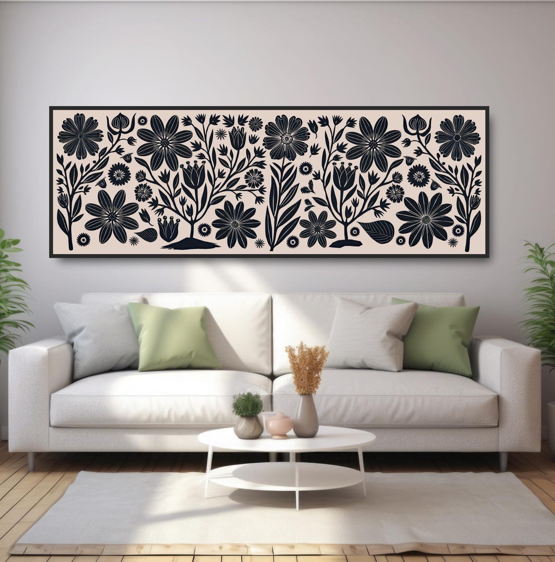 Black Beige Botanical Floral Pattern Minimalist Folk Home Decor Print - Image 5