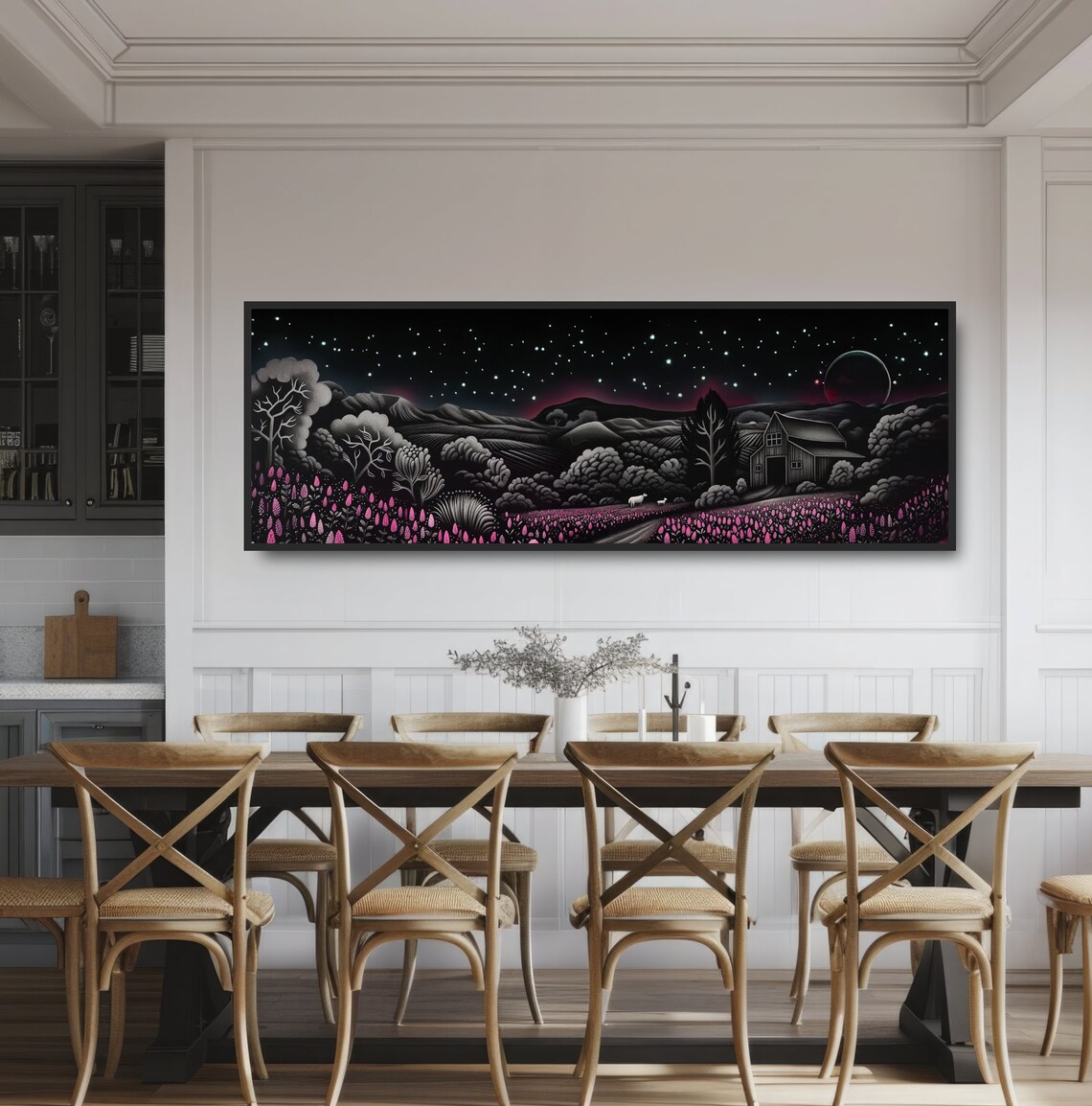 Starry Night Farm Pink Wildflowers Sheep Barn Countryside Poster - Image 3