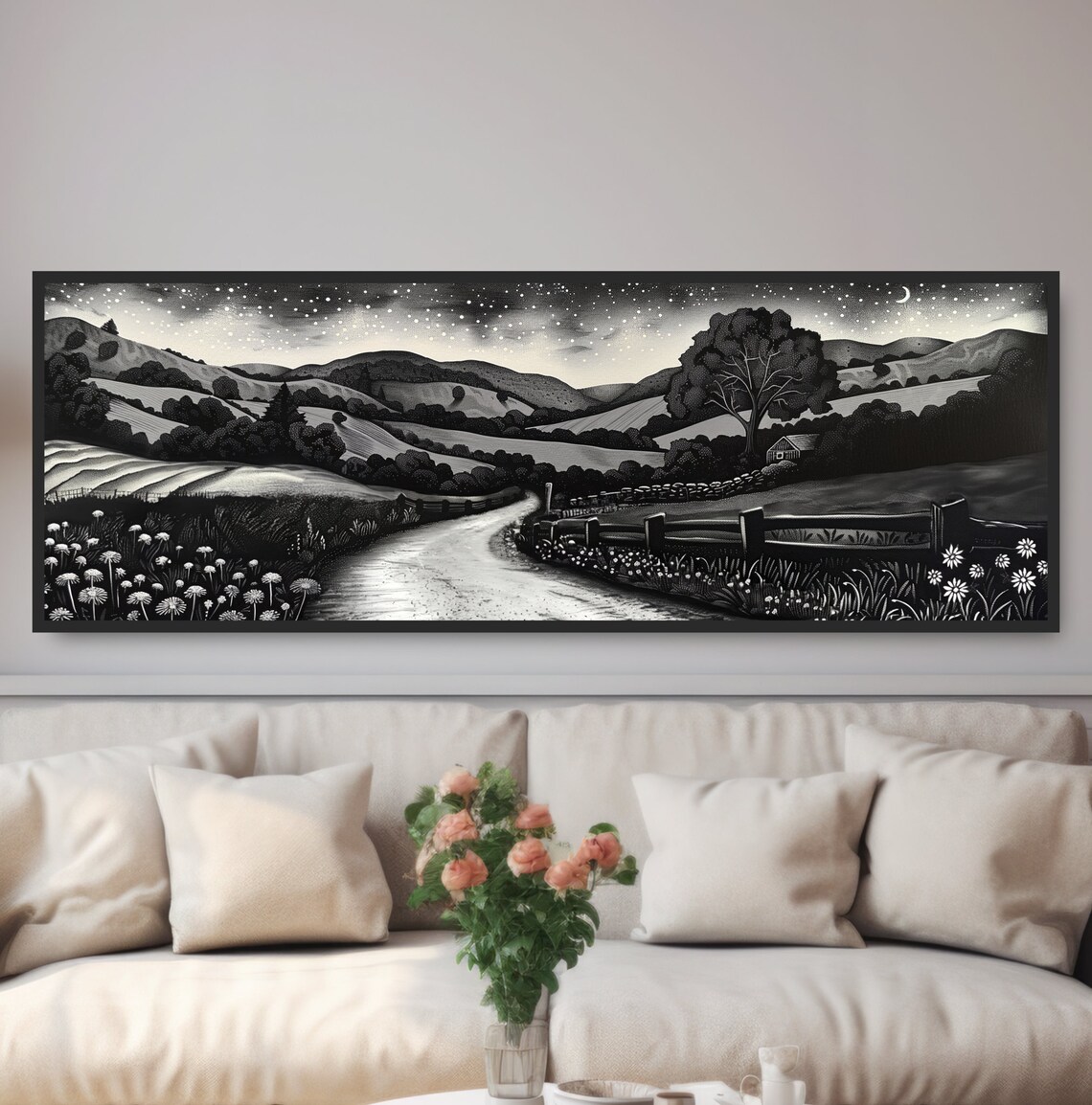 Country Road Countryside Night Sky Art Print, Farmhouse