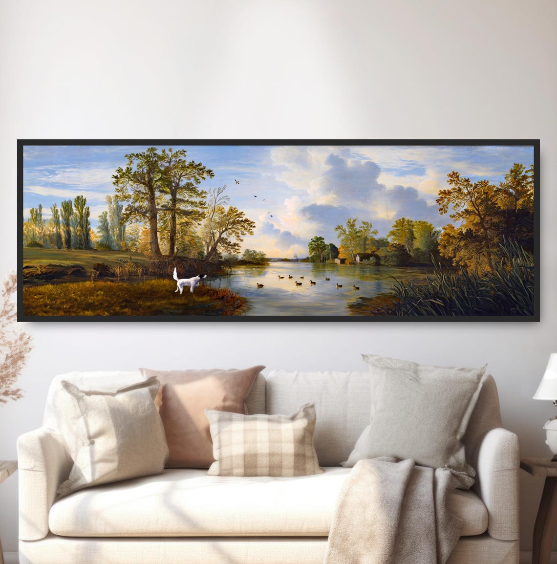 Hunting Dog Autumn River Ducks Panoramic Rustic Landscape Wall Art