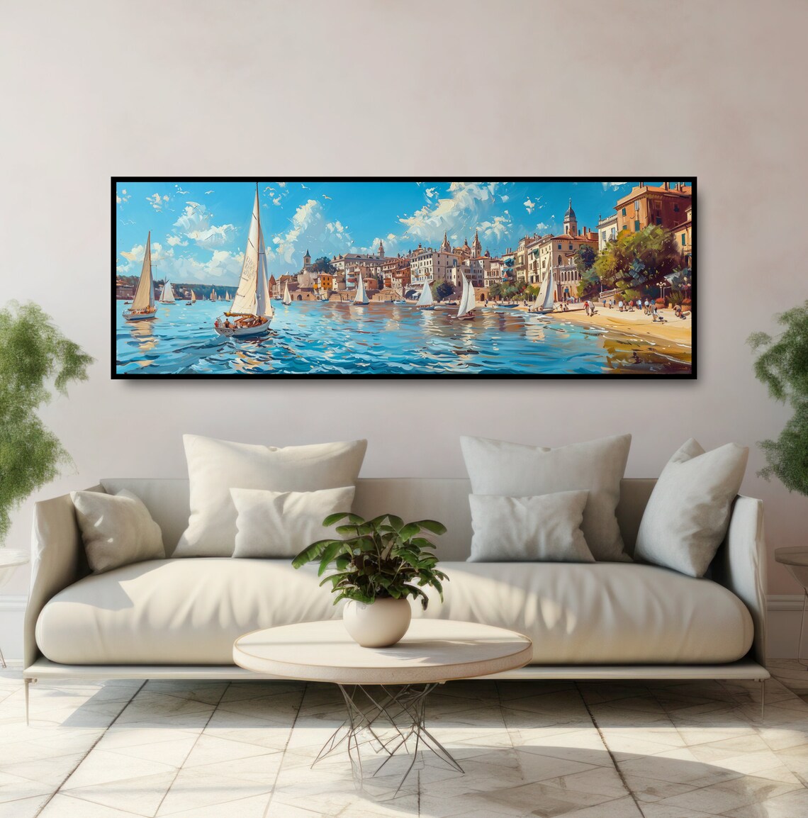 Mediterranean Coastal Harbor Sailboats Sunny Seaside Town Art Poster - Image 5