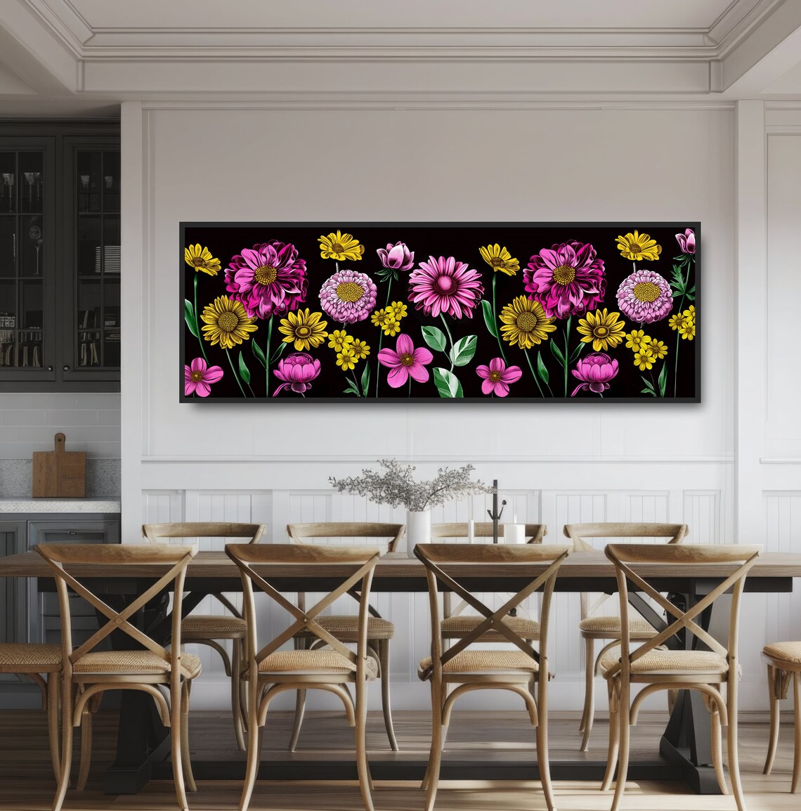 Pink Yellow Flowers Black Background Watercolor Floral Art Poster - Image 3