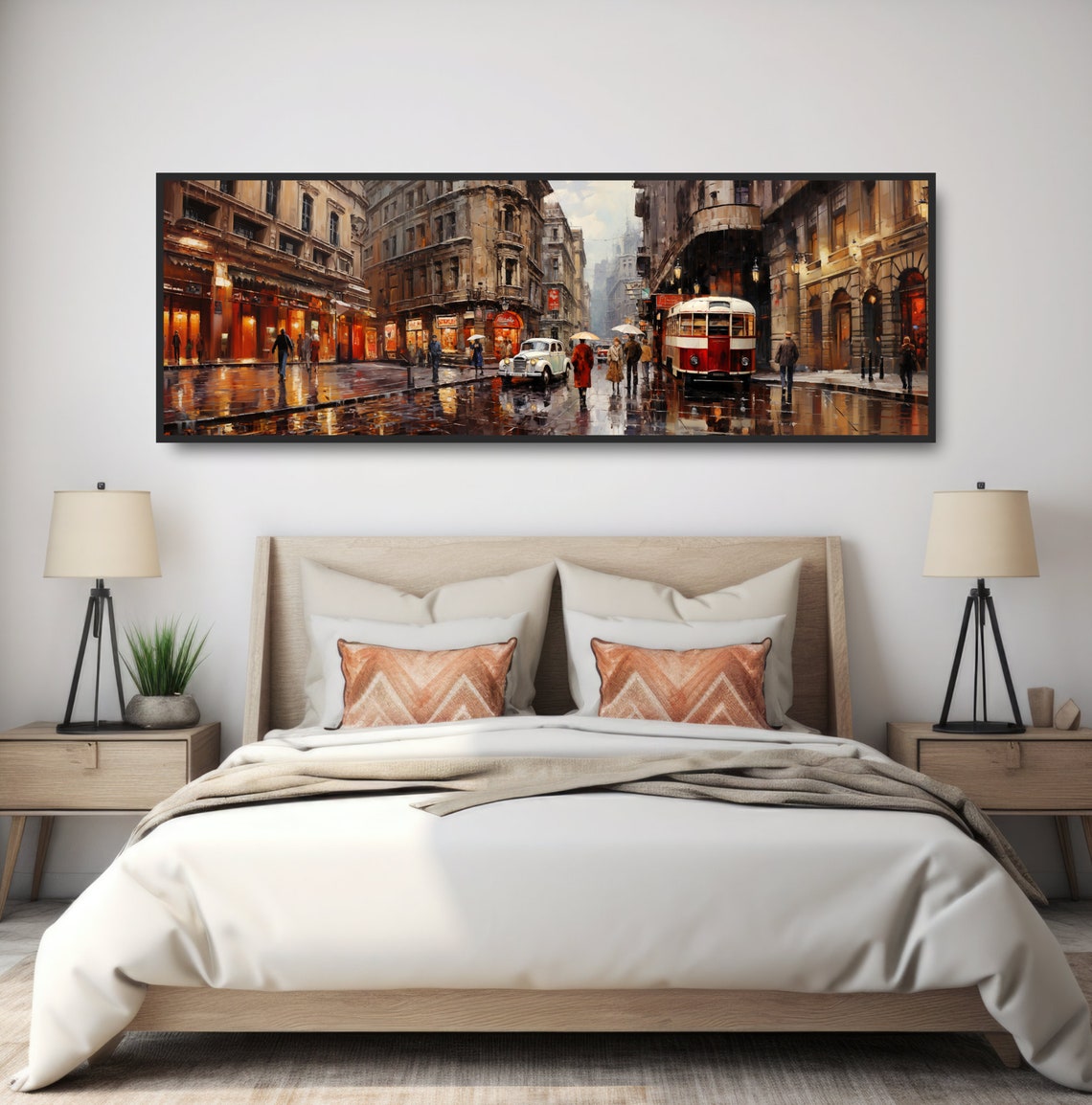 1950s European City Rainy Downtown Street Scene Traditional Panoramic Oil Painting Fine Art Print Old Tram Streetcar Trollycar Classic Car - Image 4