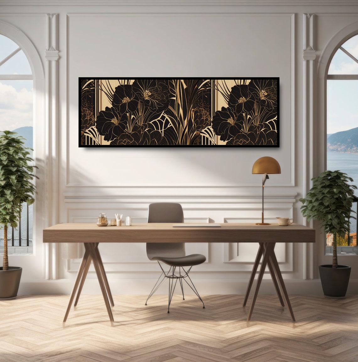 Art Deco Black Gold Floral Print Elegant Vintage Botanical Pattern - Image 2
