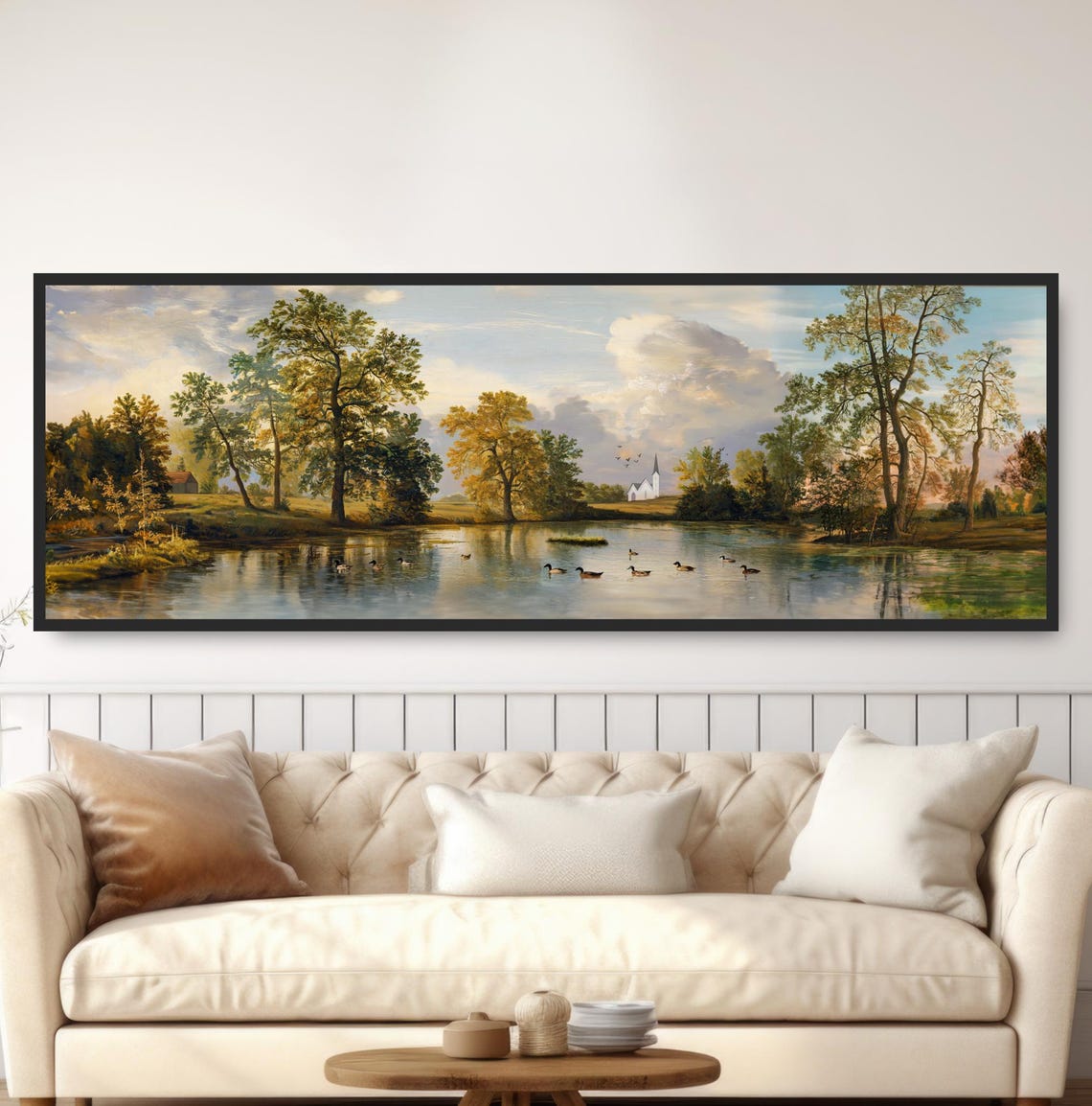 Church Pond Ducks Autumn Countryside Panoramic Peaceful Nature Poster
