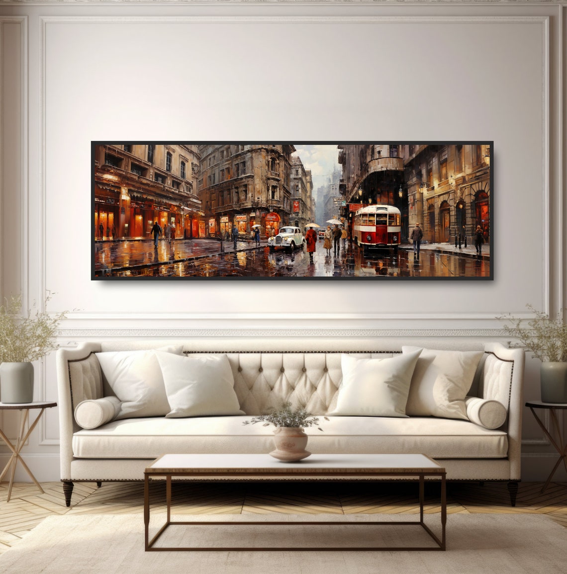 1950s European City Rainy Downtown Street Scene Traditional Panoramic Oil Painting Fine Art Print Old Tram Streetcar Trollycar Classic Car - Image 5