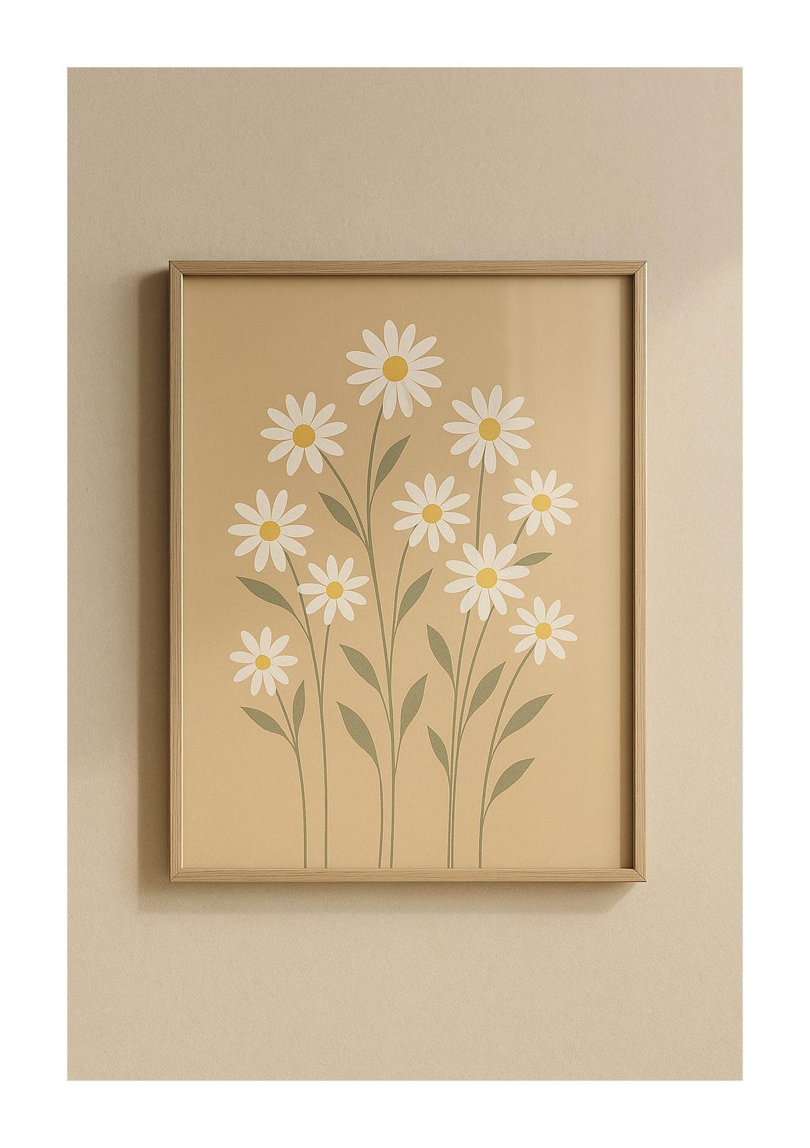 White Daisies Minimalist Botanical Beige Floral Decor Wall Art