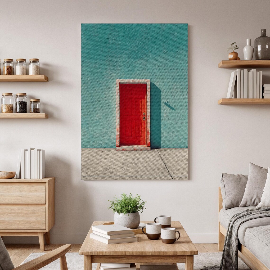 Minimalist Red Door Canvas Wall Art Modern Architecture Blue Print Bold Contemporary Artwork Unique Home Decor