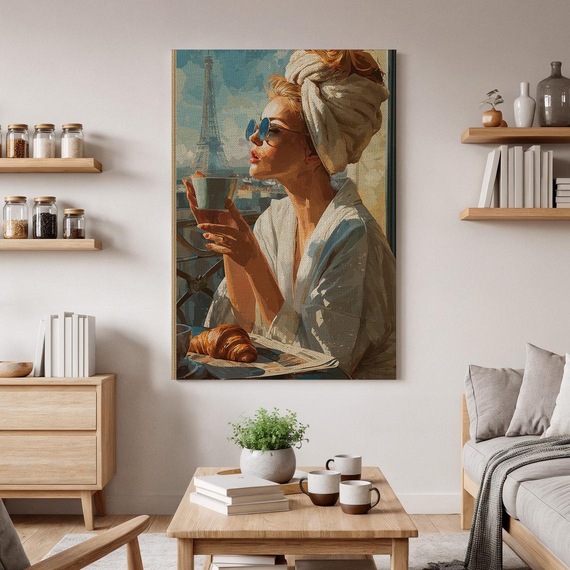 Paris Morning Coffee With Croissant and Eiffel Tower View Poster