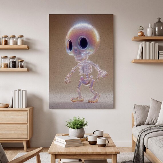 Holographic Skeleton Canvas Wall Art Futuristic Fantasy Cute Glow In Dark Artwork Surreal Iridescent Modern Home Decor
