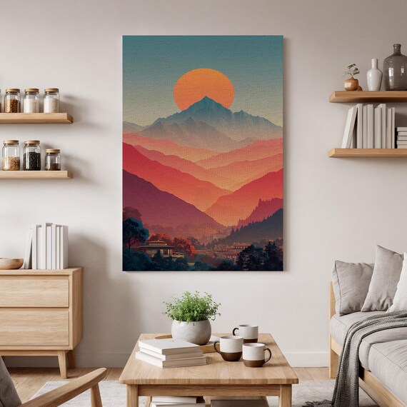 Sunset Mountain Ridges Cabin Golden Sun Abstract Landscape Poster