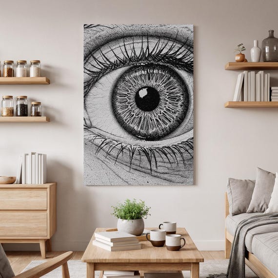 Black And White Eye Wall Art Minimalist Optical Canvas Abstract Surrealist Line Drawing Contemporary Monochrome Decor Artwork
