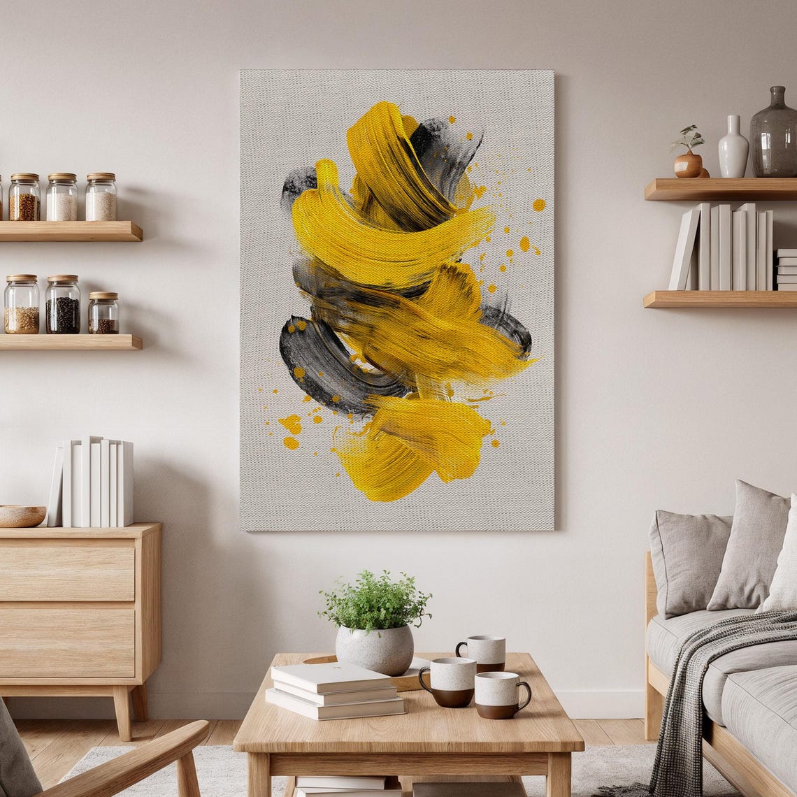 Abstract Yellow Black Bold Brushstroke Modern Canvas Wall Poster