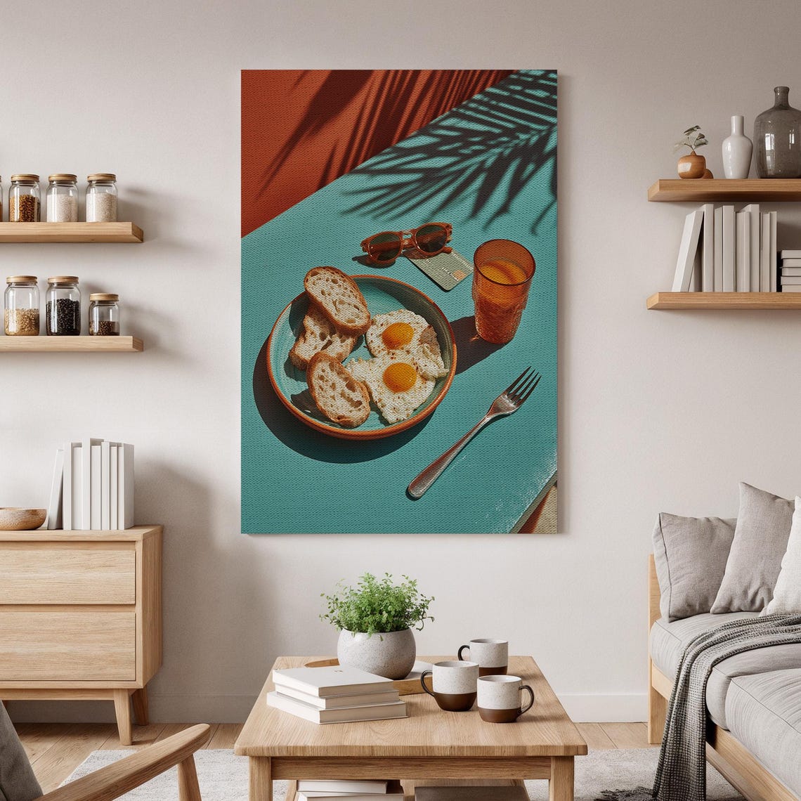 Sunny Breakfast Eggs Toast Juice Table Palm Shadow Food Poster