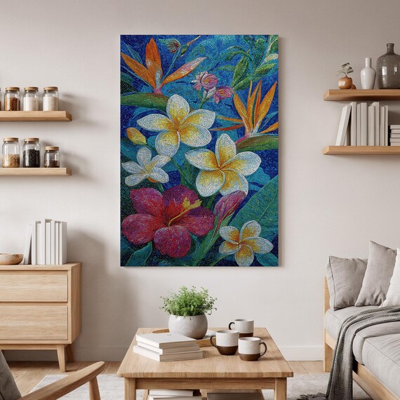 Tropical Flower Mosaic Poster Hibiscus Plumeria Bird of Paradise Art
