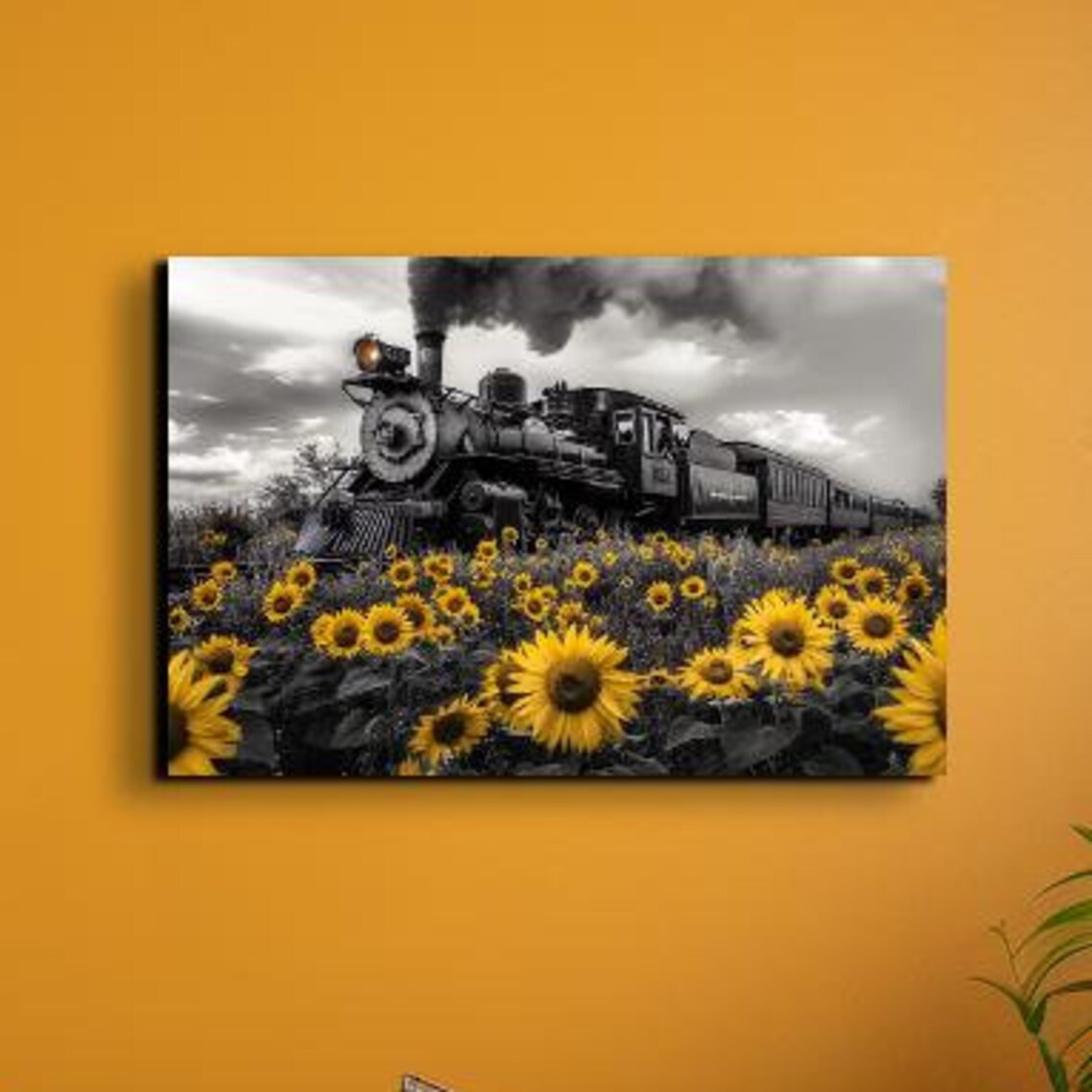 Steam Locomotive Passing Sunflower Field Vintage Photo Art Poster