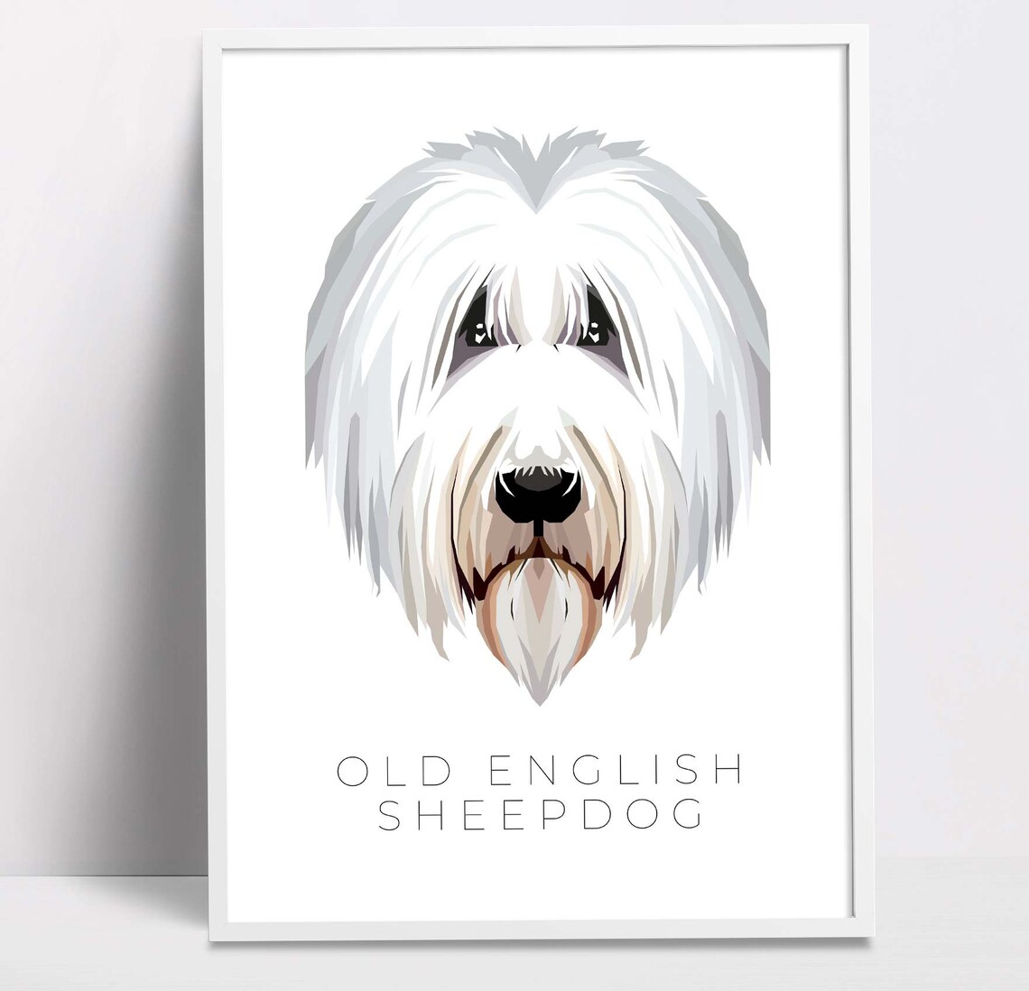 Old English Sheepdog Shaggy White Geometric Pop Art Dog Poster