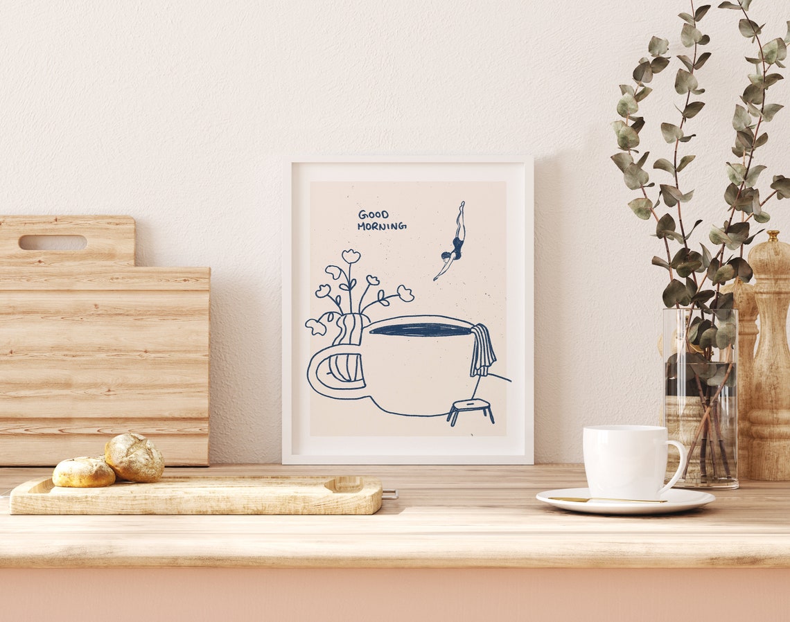 Good Morning Diver Into Coffee Cup Blue Line Drawing Kitchen Wall Art - Image 2