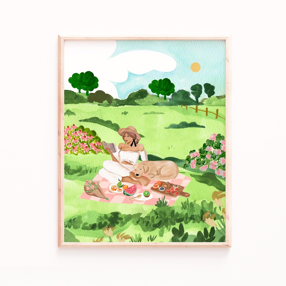 Picnic With Dog Bright Watercolor Landscape Art Print
