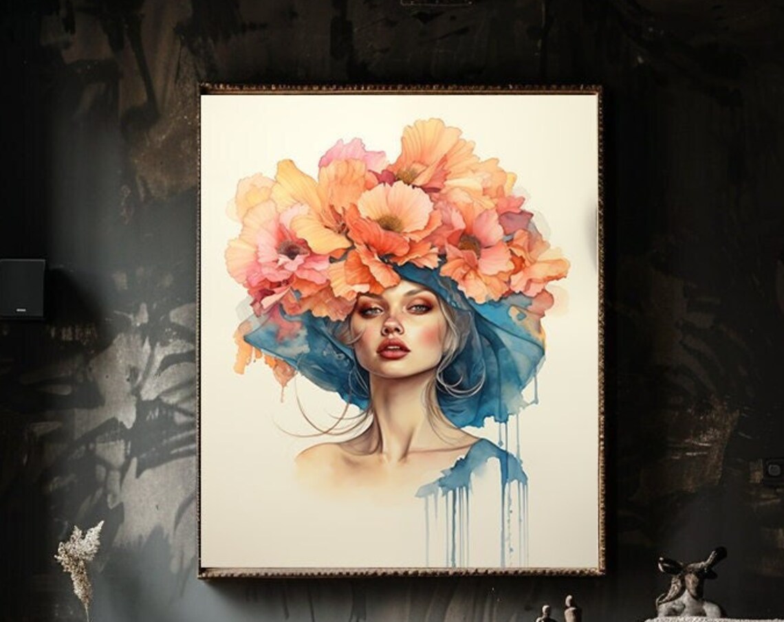 Woman In A Floral Hat Watercolor Portrait Fashion Art Poster