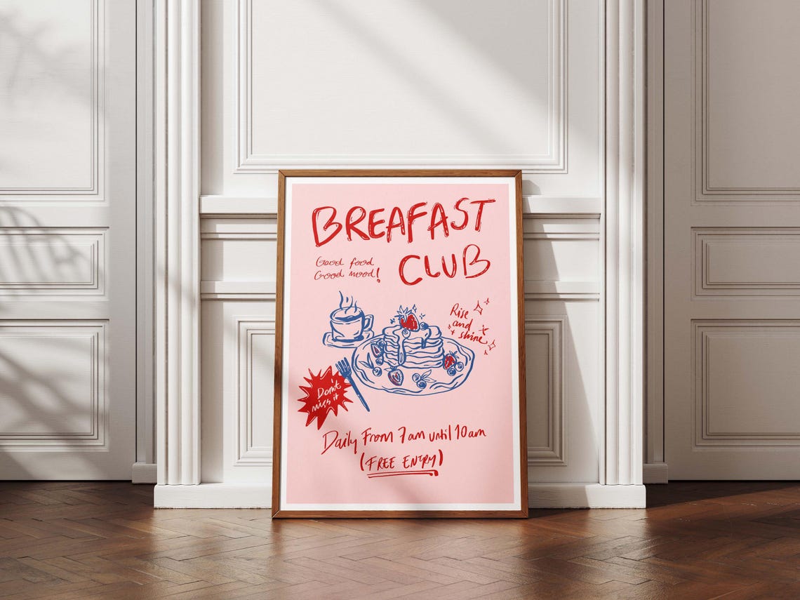 Breakfast Club Pink Retro Brunch Pancakes Cafe Kitchen Poster
