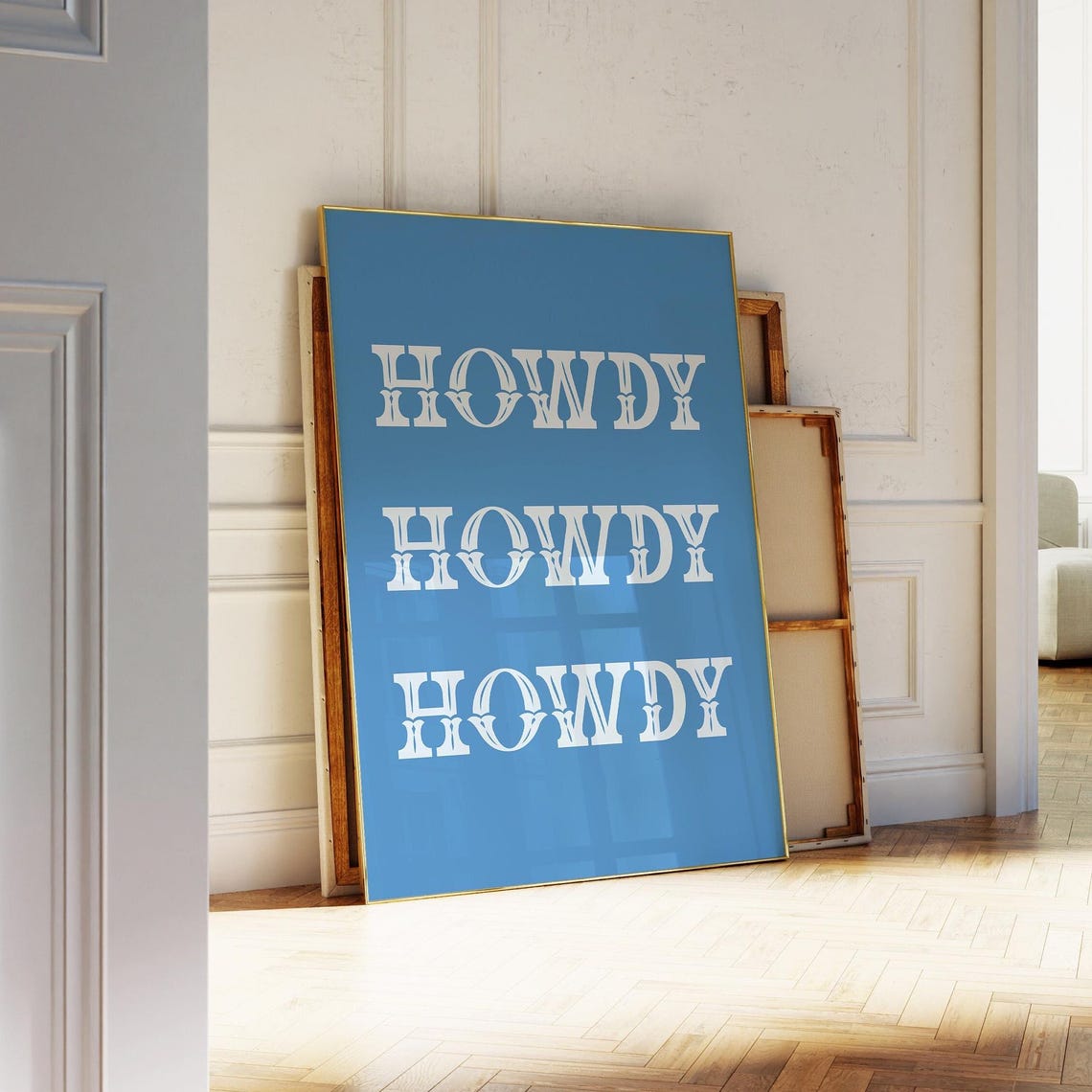 Howdy Howdy Howdy Repeated Blue Western Typography Wall Art Decor
