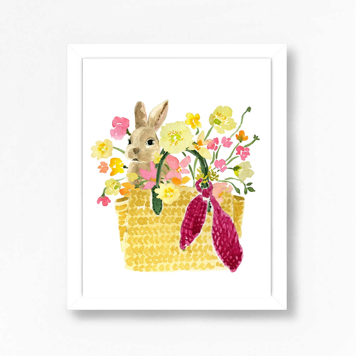 Watercolor Bunny with Flower Basket and Bow Spring Art Poster - Image 2