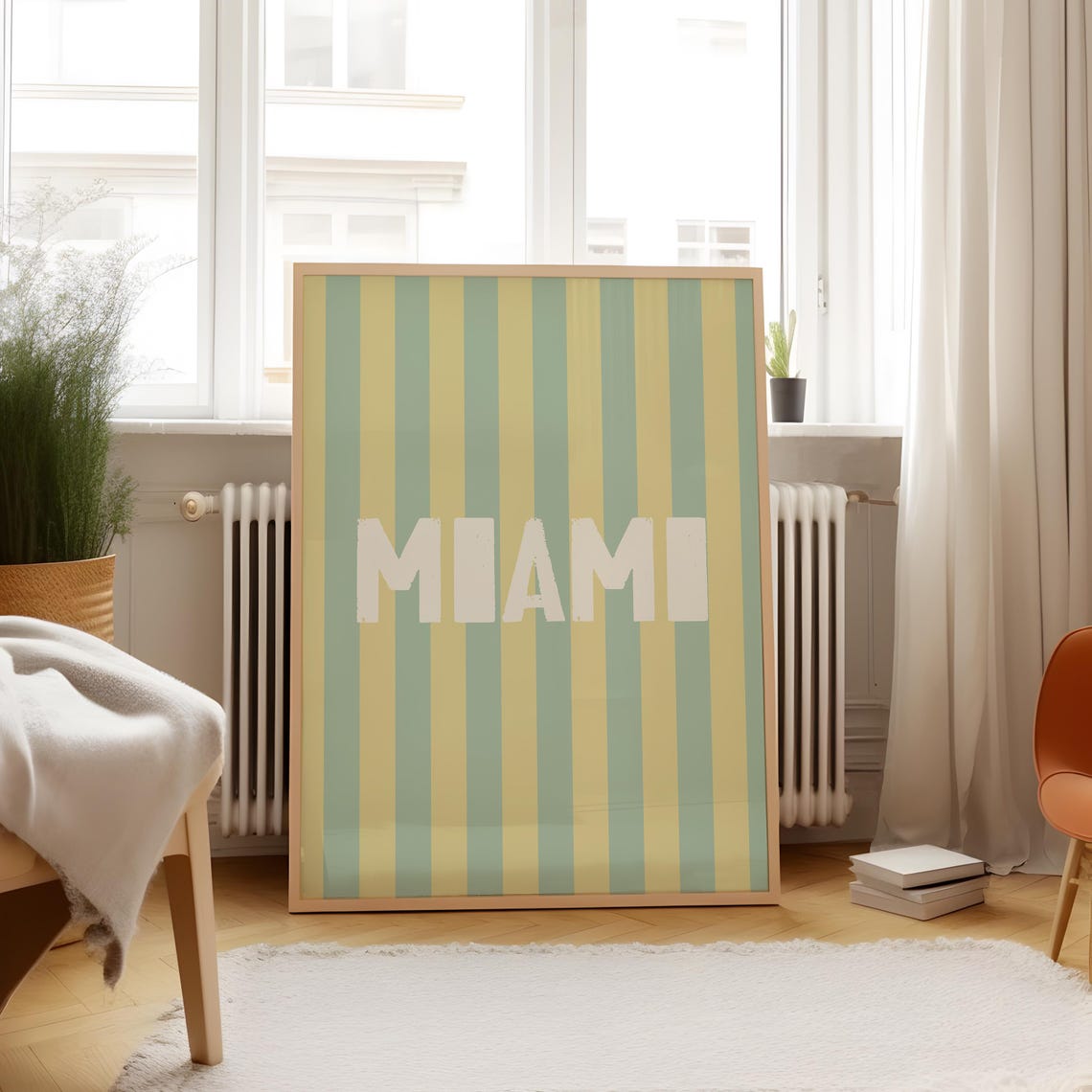 Miami White Hand Lettered Green Yellow Striped Vertical Travel Poster - Image 4