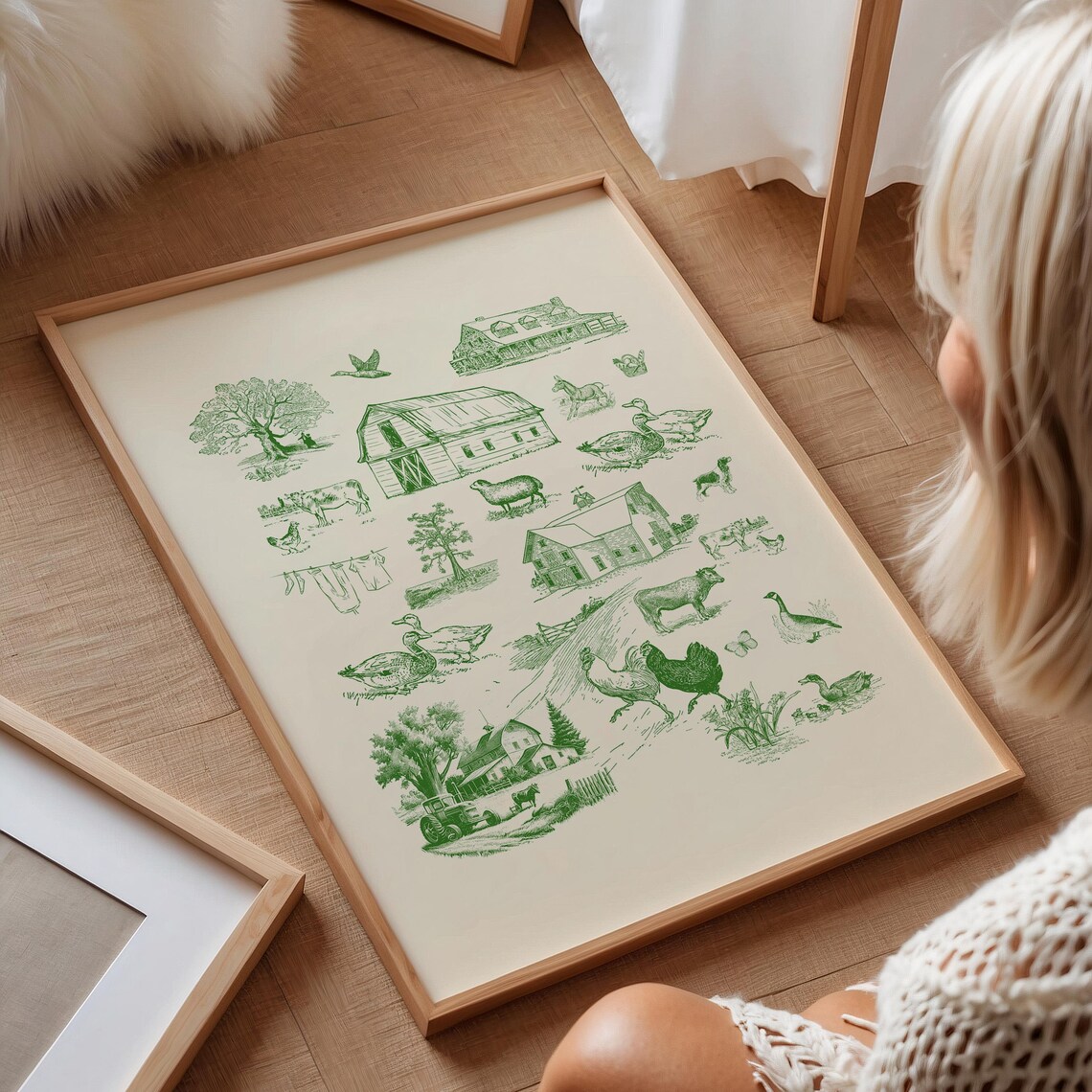 Green Farm Life Toile Illustration Art Print - Image 3