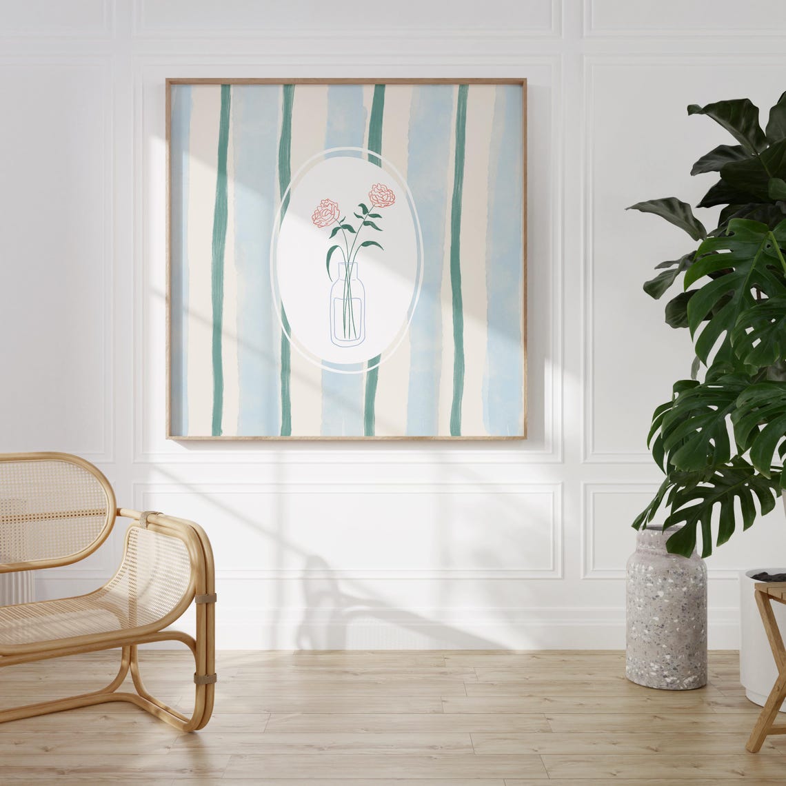 Pink Carnations In Glass Vase On Green Blue Striped Oval Poster - Image 2