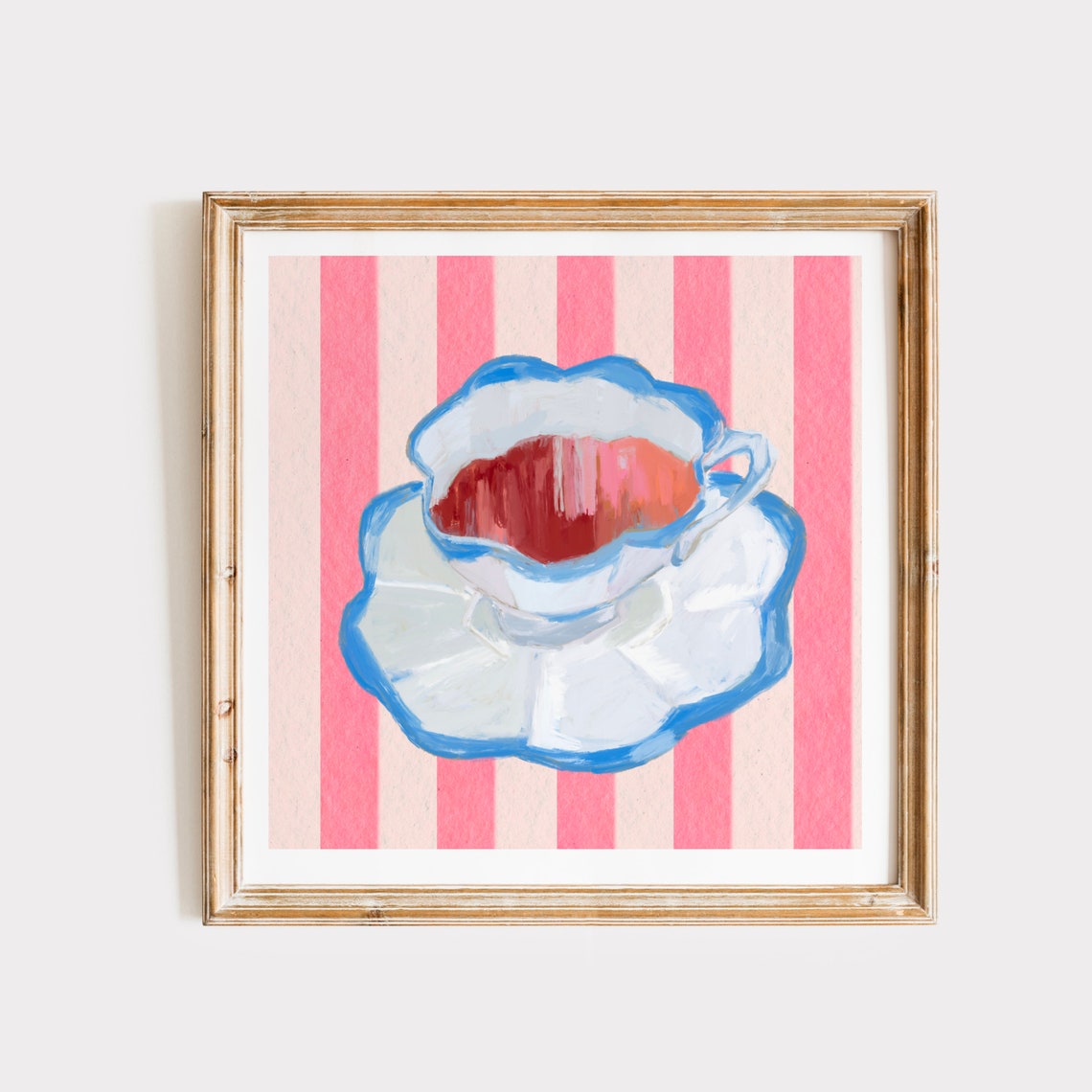 Pink Striped Scalloped Teacup Blue Trim Vintage Kitchen Art Print - Image 3
