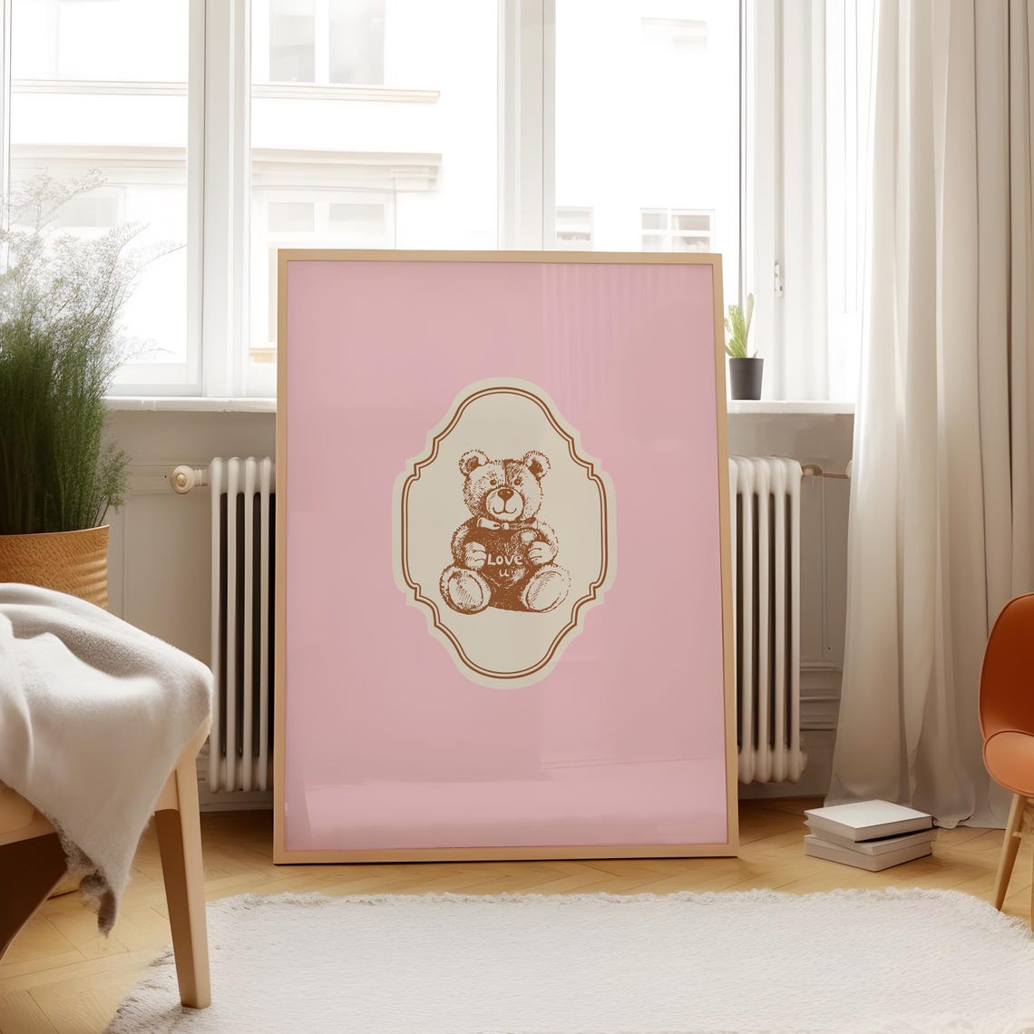 Vintage Love U Teddy Bear Heart Pink Ornate Vertical Nursery Poster - Image 4
