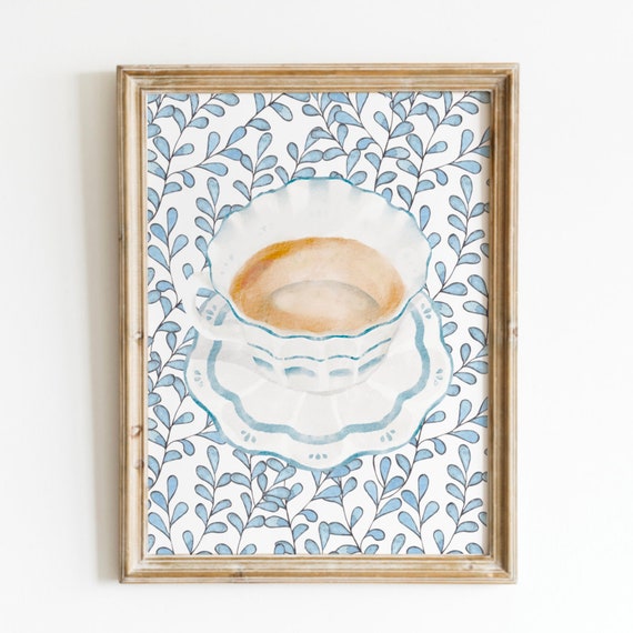 Grandmas Teapot Blue Print Wall Art Trendy Decor Abstract Vintage Painting English Garden