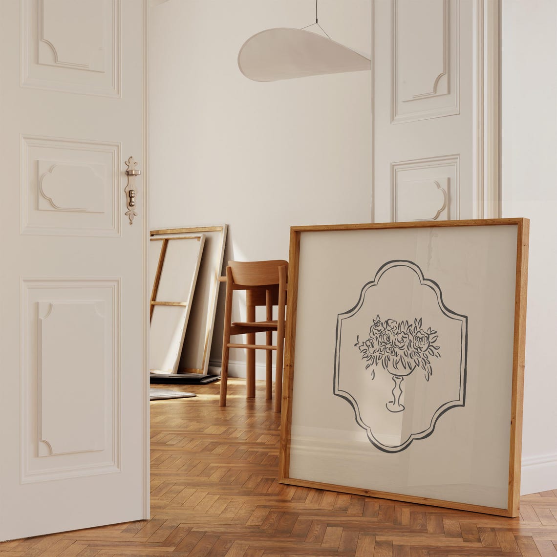Black Line Floral Arrangement Ogee Frame Cream Background Art Poster - Image 4