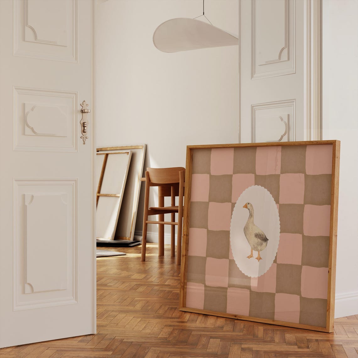 Mauve Checkerboard Watercolor Goose Medallion Trendy Kitchen Poster - Image 2