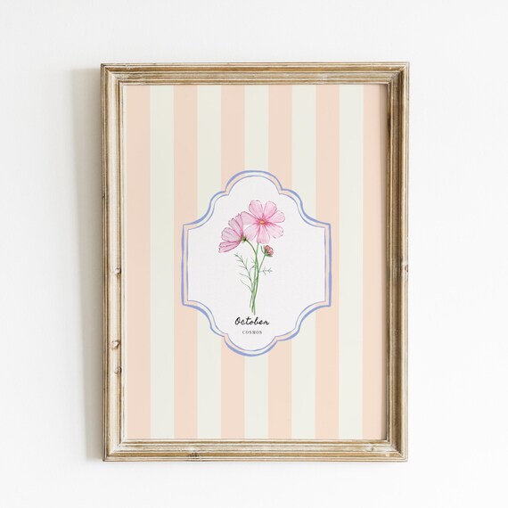 October Cosmos Birth Flower Peach Striped Botanical Wall Art Print